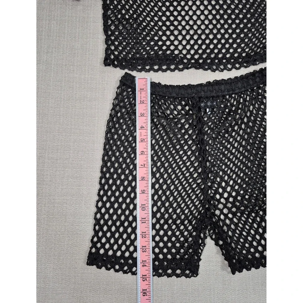 American Leisure Womens Black Fishnet Mesh Crop Top and Shorts Set Size S NEW